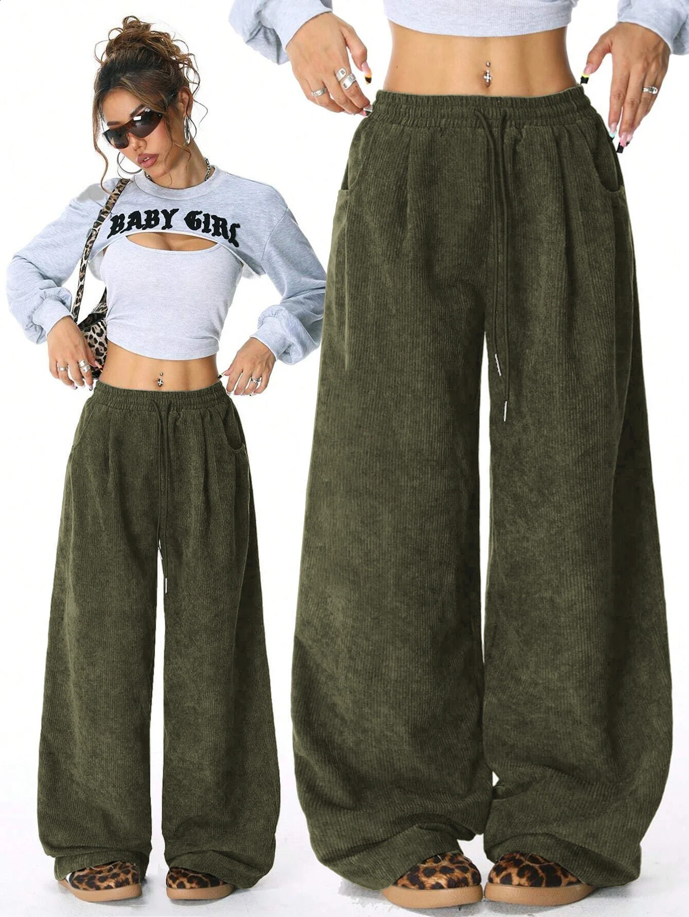 Pantaloni cargo in velluto a coste retrò da donna Pantaloni sportivi dritti con coulisse casual Drappeggio Pantaloni larghi per il pendolarismo quot