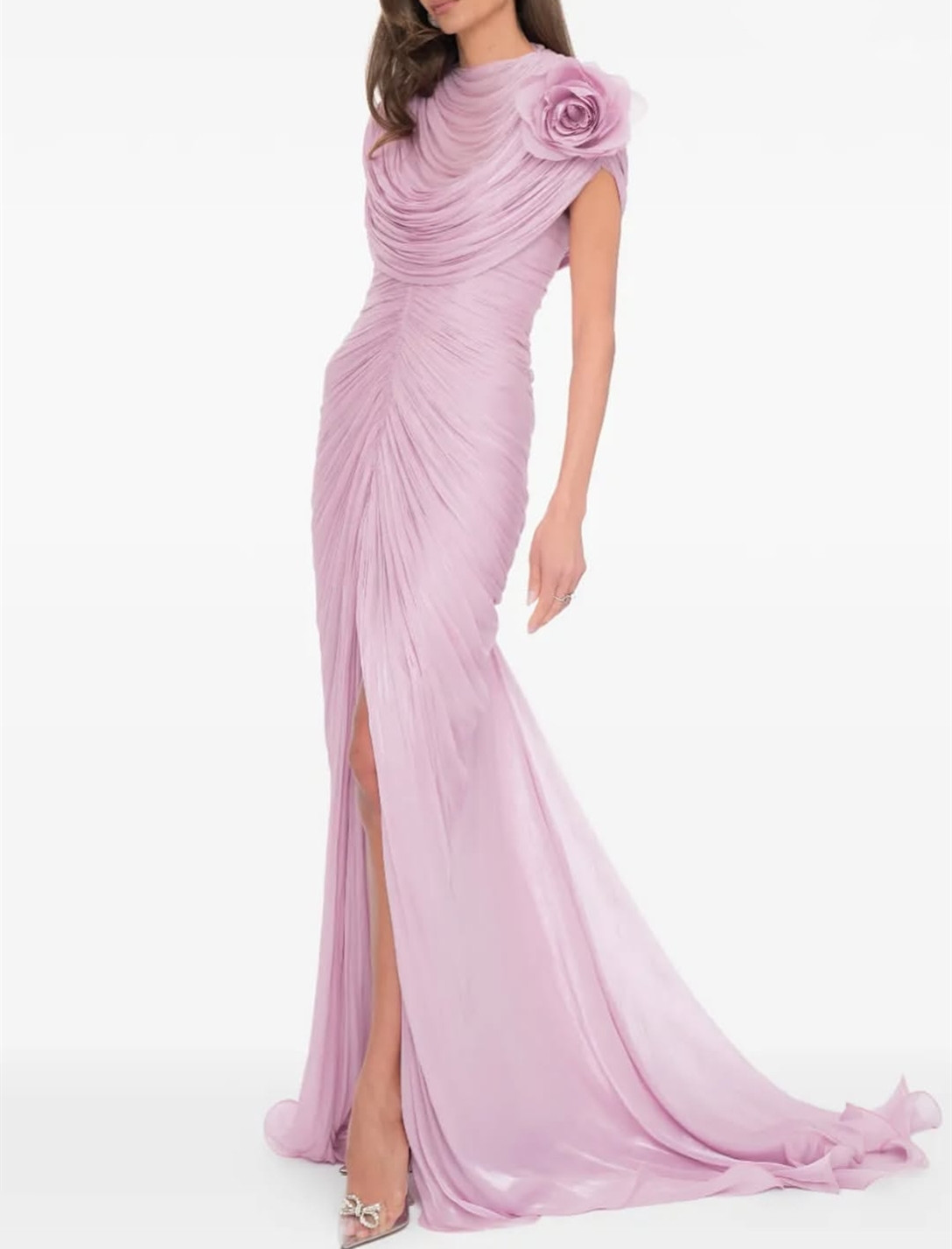 Elegant Long Shiny Chiffon Evening Dresses with Flower/Slit Mermaid O-Neck Zipper Back Pleated Prom Dresses Sweep Train Robe De Soiree Formal Party