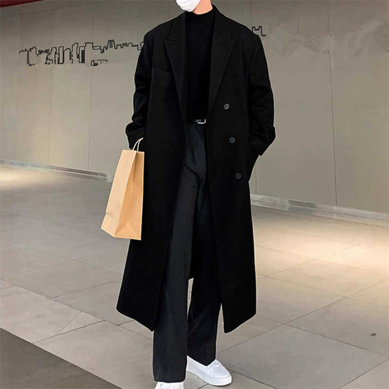 Winter Men's Autumn Wool Blends Male Wool Blend Coats Fashion Long Business Casual Woolen Outwear Men Turn Down Collar Trench Coat Winbreaker M