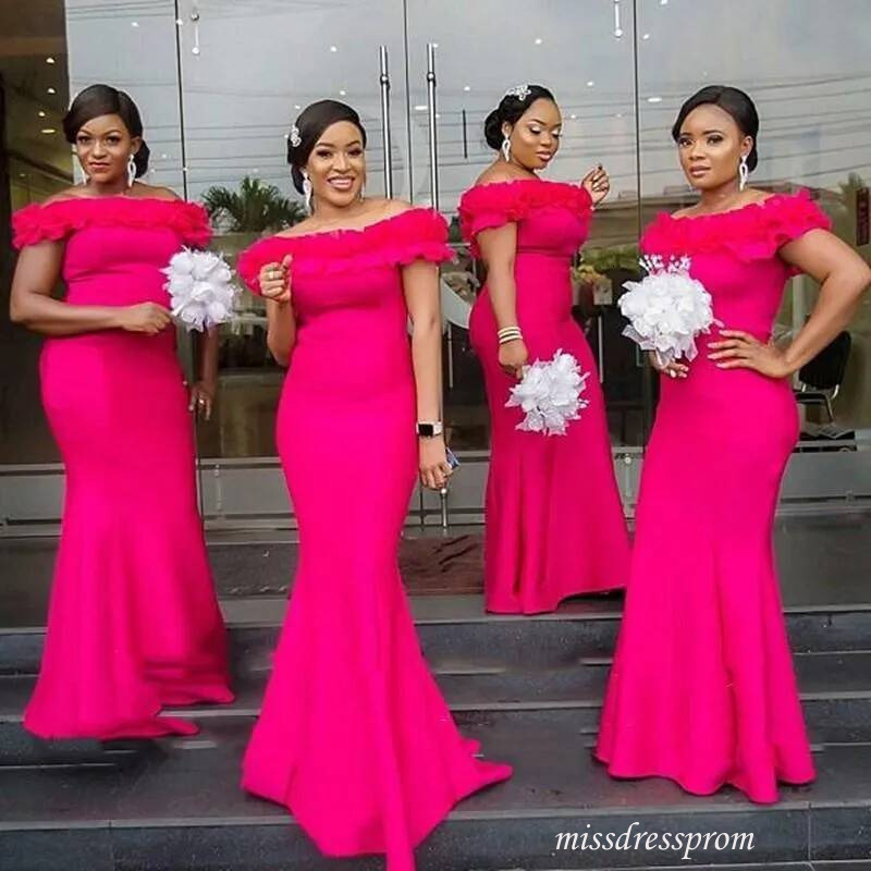 Off Shoulder Fuchsia Mermaid Bridesmaid Dress Plus Size Satin Evening Gown with Ruffle Detailing Floor Length Hemline Capped Short Sleeves Zipper Ba