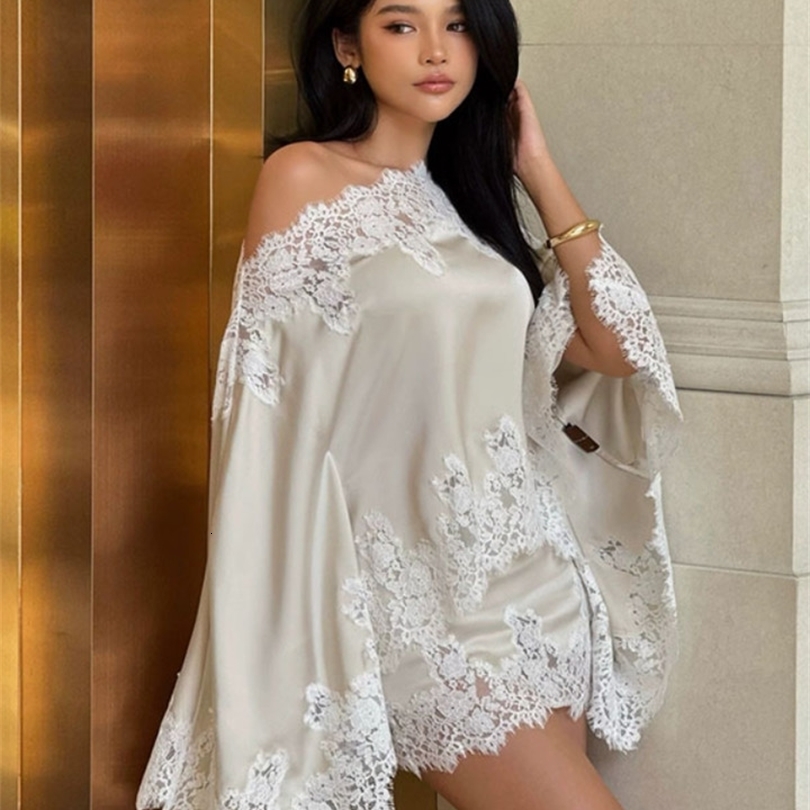 Elegant Womens Satin Lace Patchwork Top Skirt Set Loose Sloping Shoulder Full Sleeve Mini Skirts 2026 Summer Lady Suit 260920