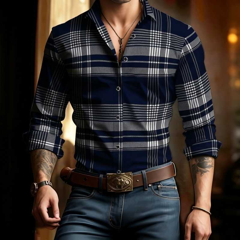 Men's Shirts Men's shirt Casual with black gray checkered long sleeved shirt lapel button cardigan business casual retro checkered men