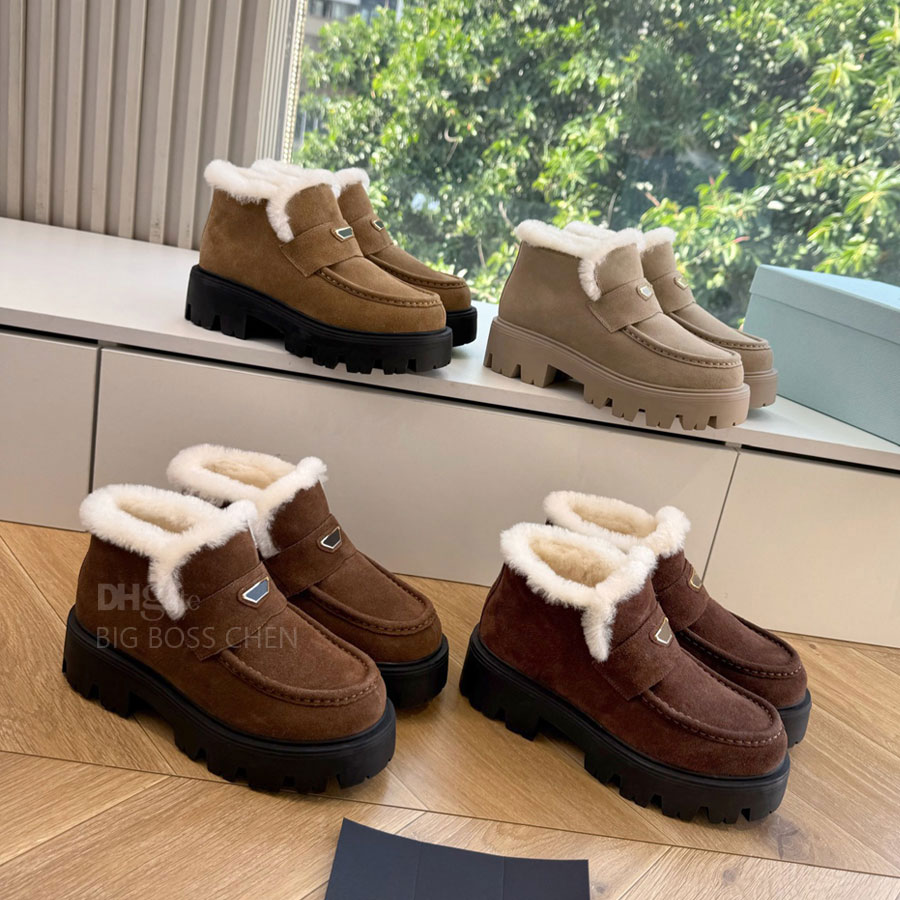Bottoni in metallo nuova moda pelle scamosciata inverno caldo mocassini in pelliccia con plateau da donna Furry soffice slip on scarpe sandali in sh