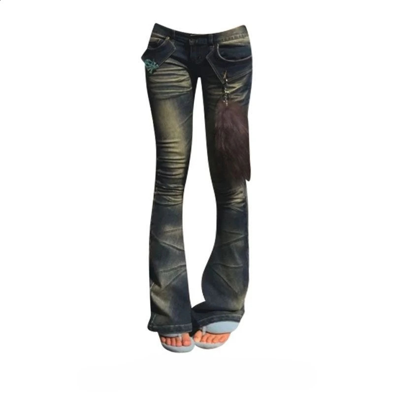 Y2k American Vintage Bootcut Jeans Moustache Effect Full Length Women Casual Low Waist Distressed Washed Zipper Denim 260921