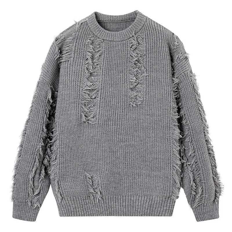 2026 New Autumn Winter Mens Oversized Rounded Neck Ripped Knit Sweater Lazy Casual All Match Knitwear S260921SJ8I