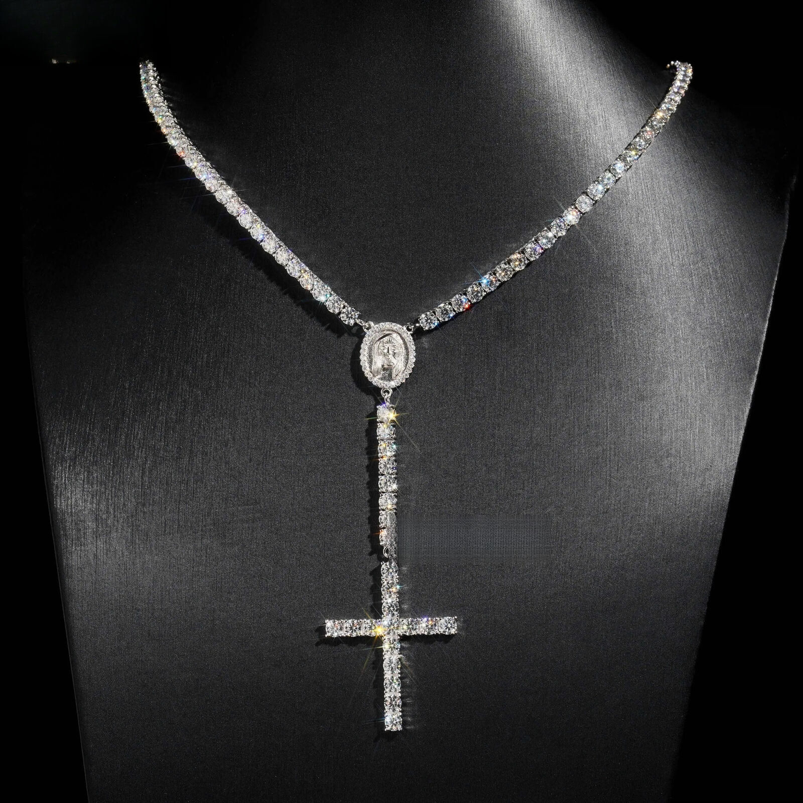 Hip Hop Fashion Trendy D VVS Moissanite Diamond 4MM Rosary Cross Necklace 925 Silver Tennis Chain