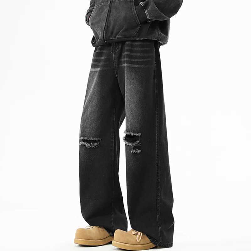 American Vintage 2025 Moda Uomo Casual Trendy Foro Rattoppato Allentato Gamba Larga Pantaloni In Denim Dritti Jeans Maschili Pantaloni Vestiti S2609