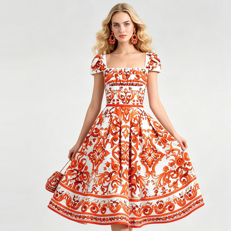 Summer Women's Floral High-Waisted Ruched Strap Slim Dress Square Neck Flared A-Line Dress