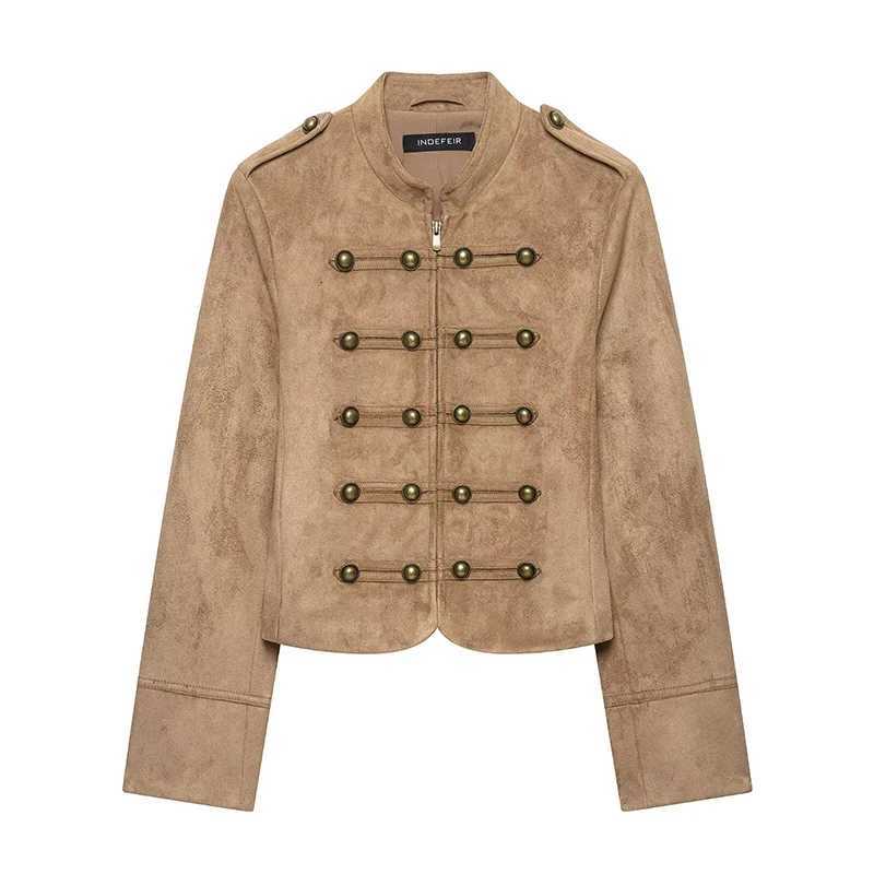 Faux Women's Jackets YENKYE Retro Suede Button Decoration Crop Jacket Women Front Zipper Long Sleeve Slim Fit Streetwear Coat C260921