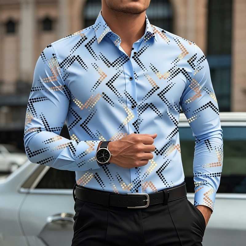 Casual Shirts Men's Business Men's Casual Long Sleeved Shirt Light Blue Geometric Print Slim Fit Elastic Shirt Spring and Autumn Trendy Me