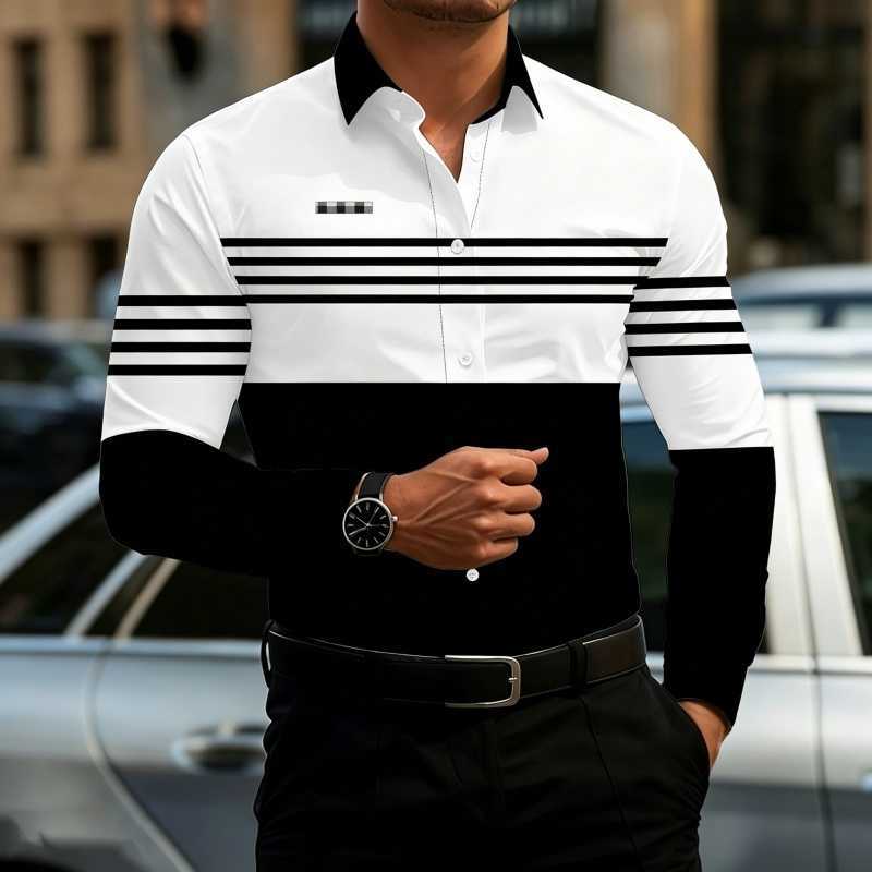 Casual Shirts 2026 New Men's Men's Contrasting Striped Shirt Street Style Black and White Striped Slim Fit Shirt Business Casual Formal Sh