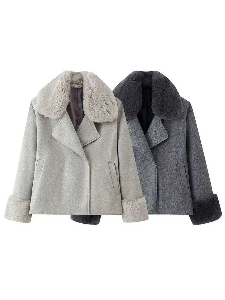HH Woman Fashion Winter Long Slves Faux Fur Trim Single Breasted Suit Lapel Short Jacket Female Leisure Strt Style Overcoat T260829