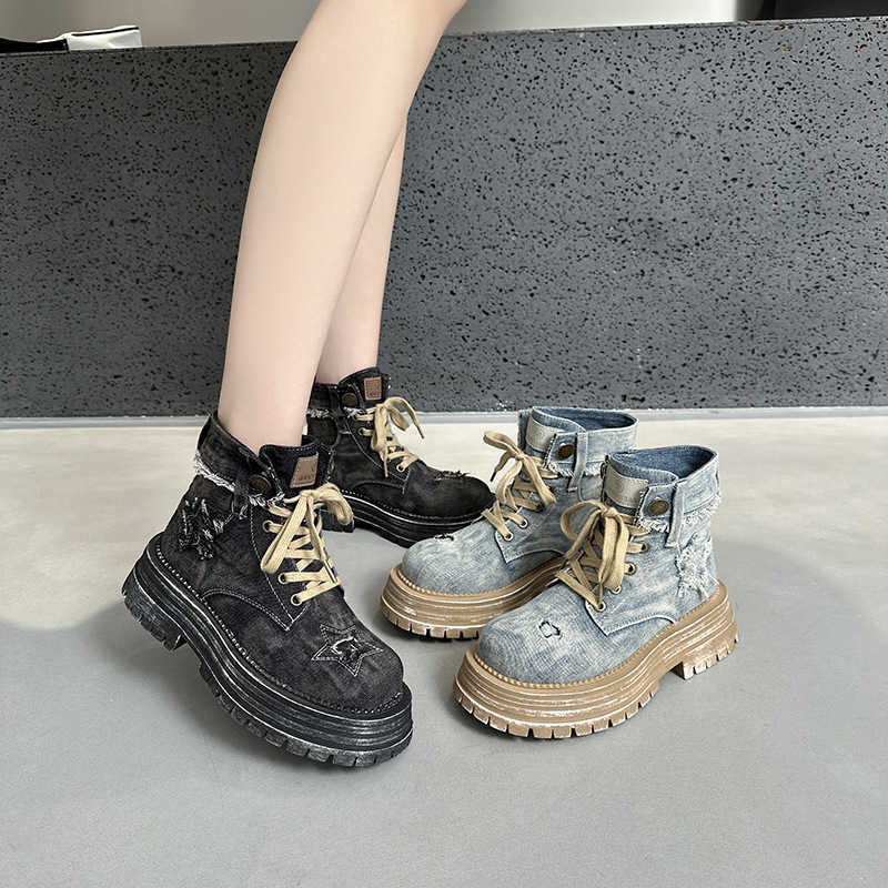 Fashion Denim Boots 2024 Boots Autumn New Thick Soled Workwear Motorcycle Short Boots Made Of Old Denim Boots For Women H260921