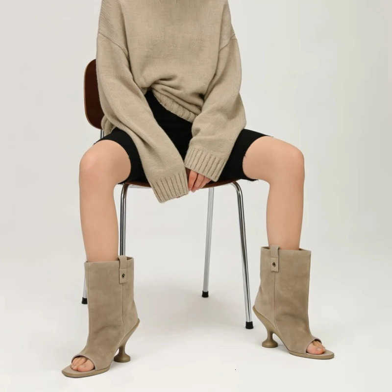 Spring and Summer New Boots Wide Tube Round Toe Short Boots Fashionable Open Toed Fish Mouth Cool Boots 34-44 Large Ankle Boots H260921