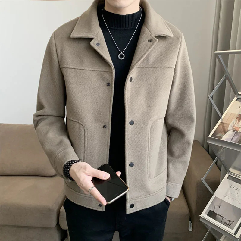 Autumn Winter Men Warm Jackets Turndown Collar Singlebreasted Woolen Coats Slim Fit Male Long Sleeve Solid Color Outerwear 260920