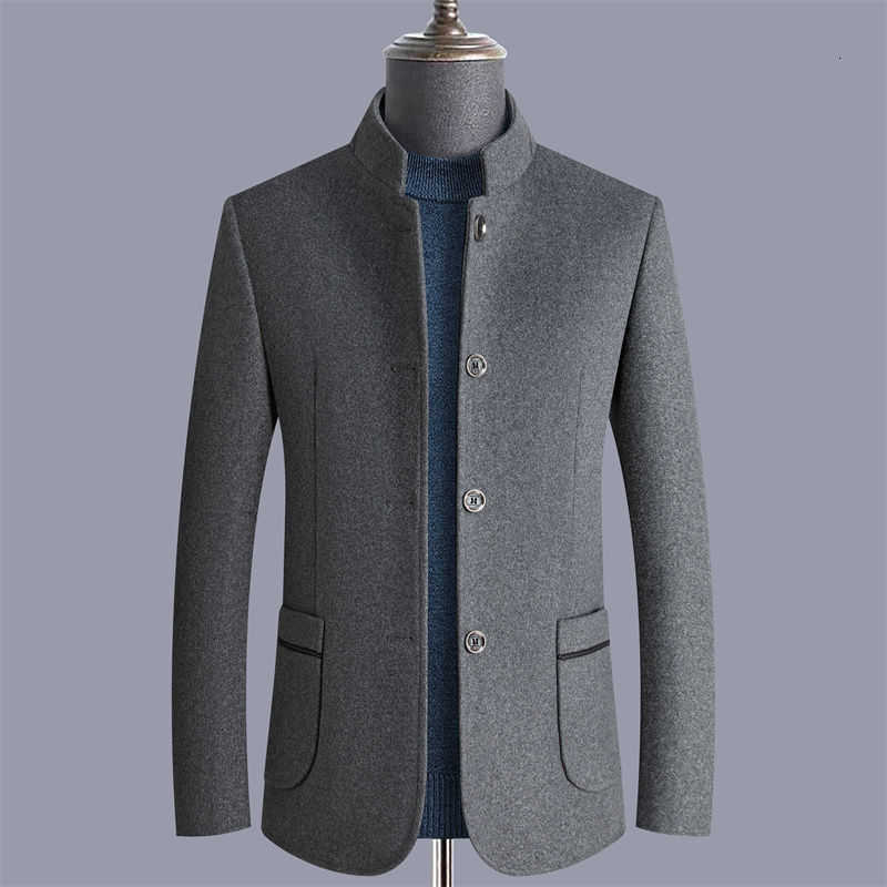Autumn Blends Men's New Wool Men Woolen Coat Stand Collar Business Casual Solid Color Trench Coat Warm Male Overcoat Fashion Office Outerwear D