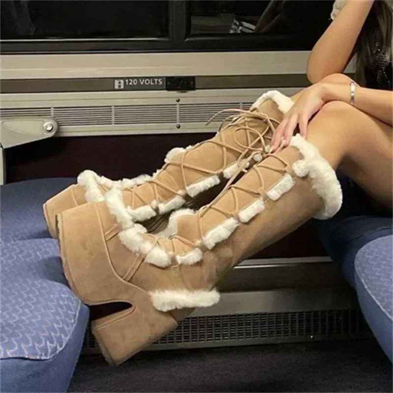 New Winter Women's Snow Boots Platform Wedge High Heel Faux Fur Womens Boots Plush Warm Non-slip Platform Boots Botas Para Mujer L26921