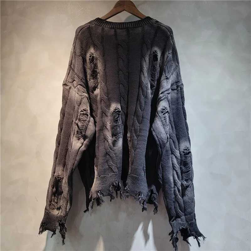 WTHT Vintage Gradient Irregular Hole Knitted Sweater For Women 2024 Winter O-neck Long Sleeves Pullovers Female Fashion 1LS381 S26092166T3