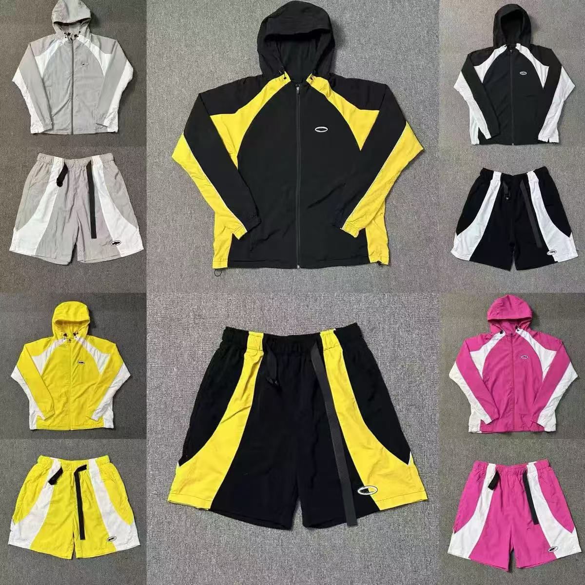 Croteiz Designer Sweatsuit Mens Cort Jacket Color Block Tracksuit Set Full Zip Hooded Windbreaker Jacket and Shorts Y2K Retro Hip Hop Streetwear Ath