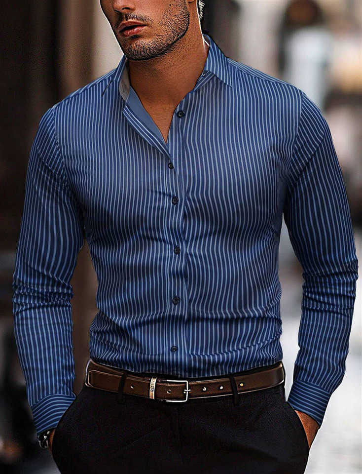 Men's Shirts Men's fashion Casual striped pattern shirt casual breathable lapel button long -sleeved shirt comfortable and soft fabric shi