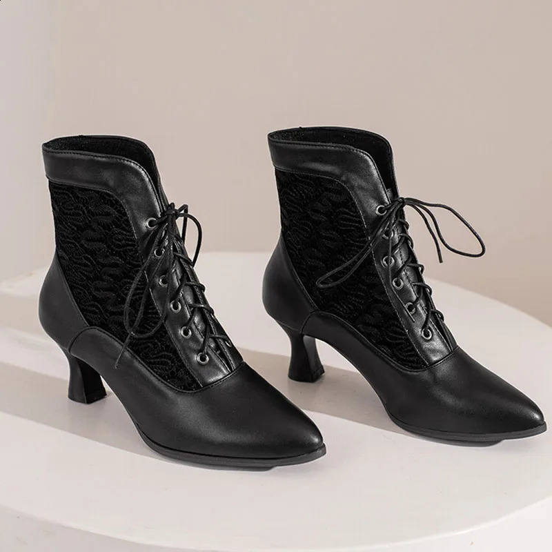 Lace-up Women Ankle Boots Middle Heels Custom Lace Pointed Toe Autumn Winter Women Shoes Black Red White Short Booties WSH4927 260920