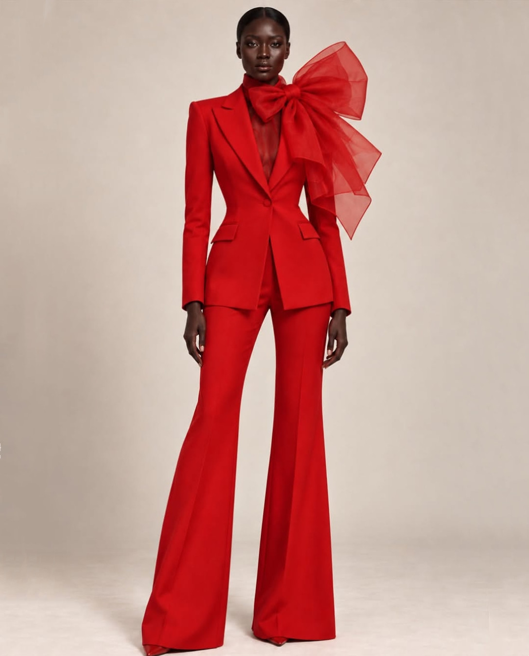 Elegant Long Crepe Jumpsuit Evening Dresses with Bow Red V-Neck Zipper Back Formal Occasion Pantsuit Prom Party Gowns for Women