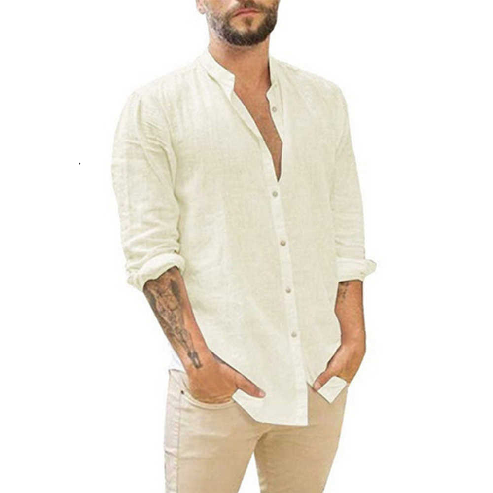 Linen Men's Casual Shirts Cotton Hot Sale Men's Long-Sleeved Shirts Summer Solid Color Stand-Up Collar Casual Beach Style Plus Size H26092
