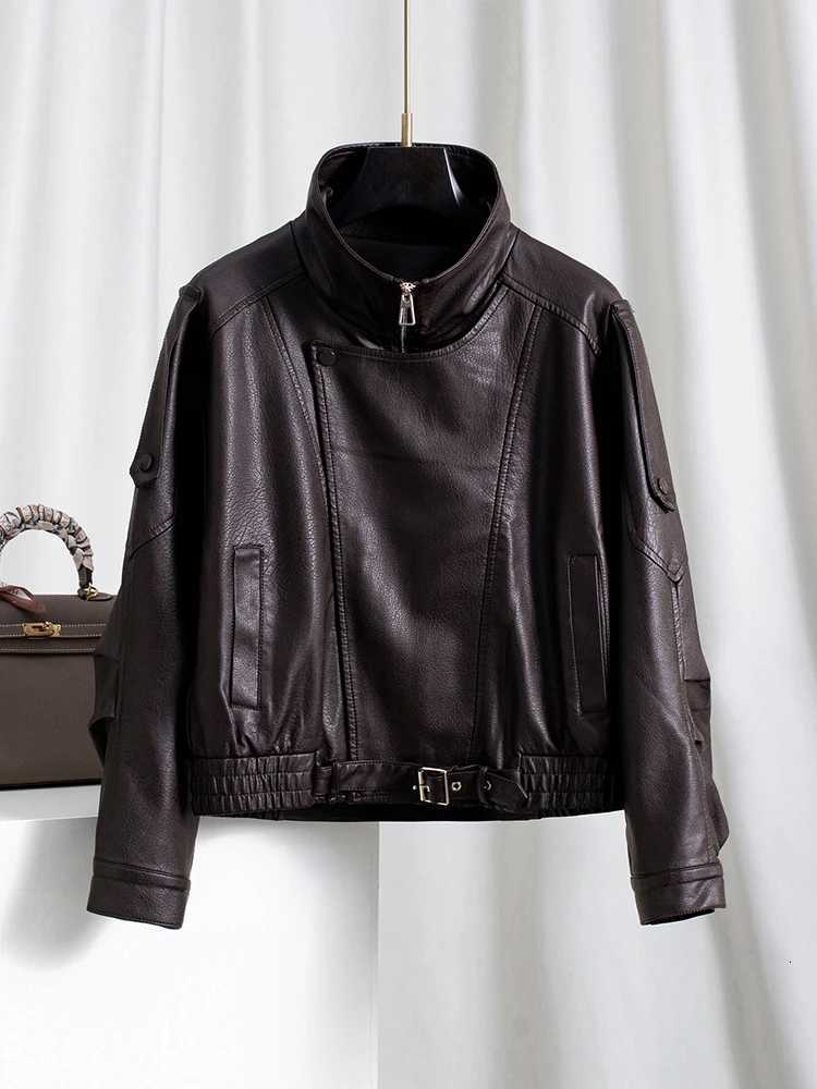 Vintage Women's Classic Jackets Stylish Brown Faux Leather Moto Biker Jacket for Women with Long Sleeve Casual Fallwinter Soft Pu Outerwear Coa