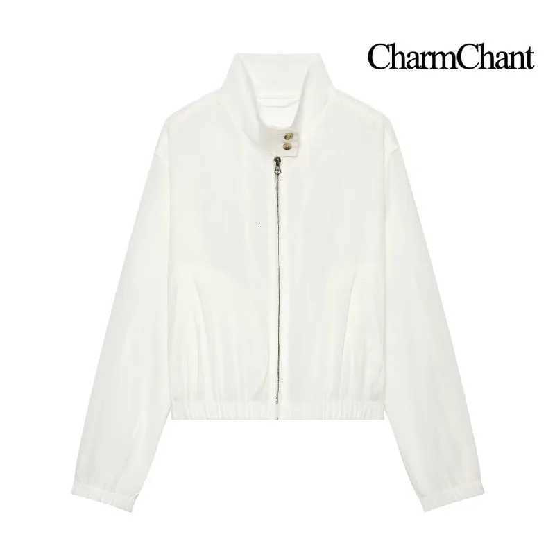Jackets CHARMCHANT Women's Stand Women's Collar Zip Up Cropped Bomber Jacket Elastic Hem Long Sleeve White Sun Protection Jacket Summer 20