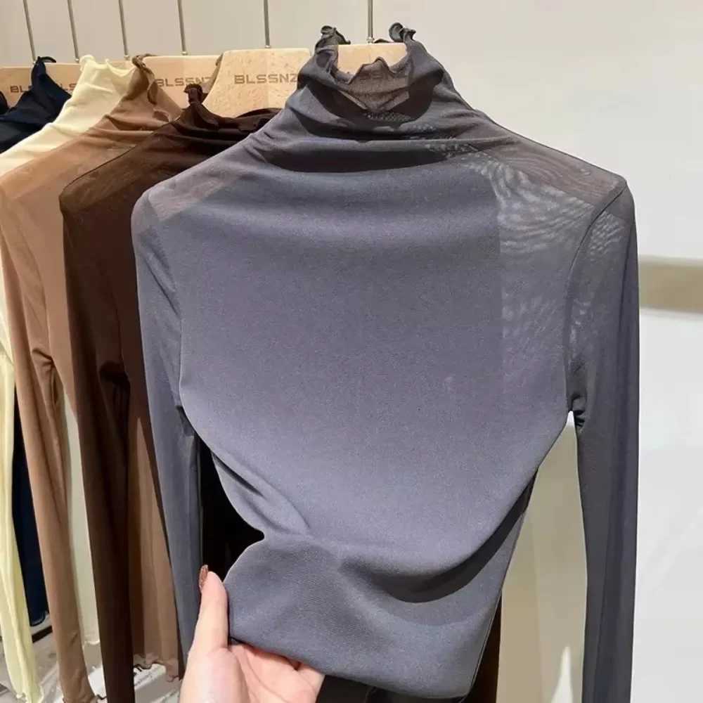 Women's T-Shirt New Girls Mesh T Shirts Tees Female Spring Summer Transparent Full Sleeve Turtleneck Thin Shirt Tops Undershirts Women Gift Q26