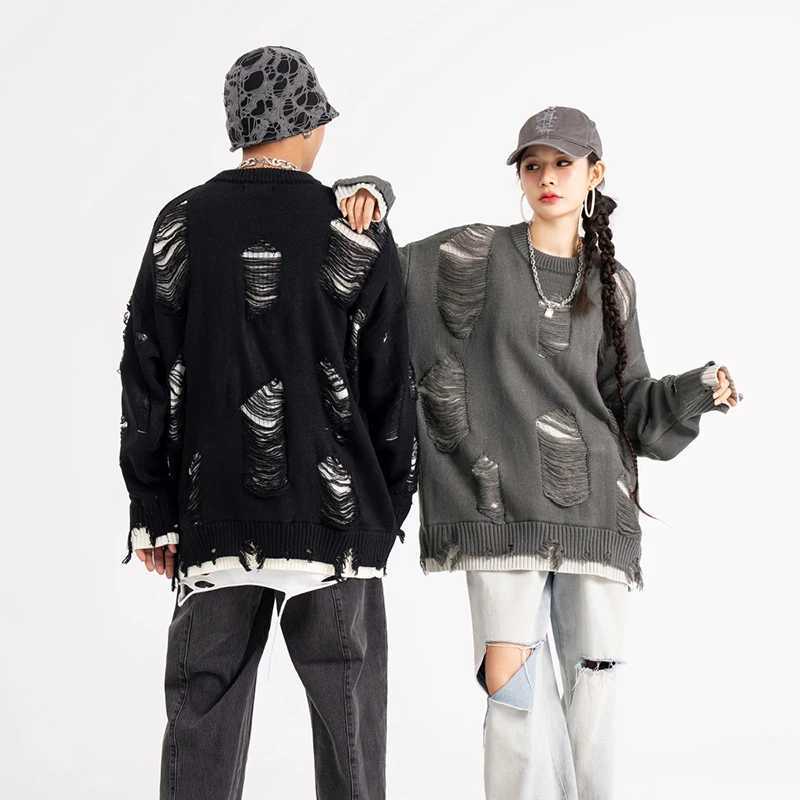 Autumn And Winter High Street Black And White Double-sided Round Neck Sweater Y2K Hip-hop Loose Hole Sweater For Men And Women S260921MADP