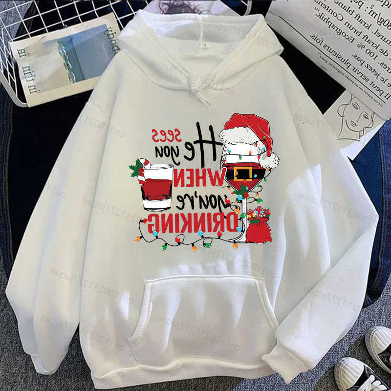 Christmas Sweatshirts Men's Funny Hoodies Drinking Graphic Hoodies Wine Glass Santa Hat Xmas Sweatshirts Wine Lover Party Casual Xmas Holiday H