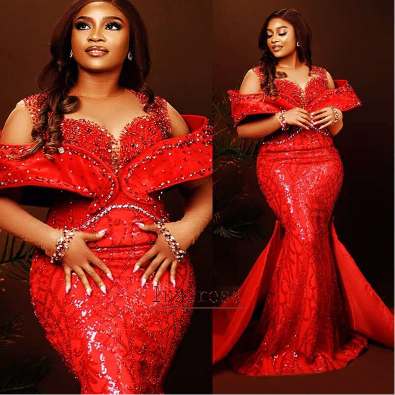 2026 Plus Size Prom Dresses With Detachable Train Red Mermaid Promdress Evening Formal Dresses For Women Sheer Neck Beaded Lace Second Reception Gow