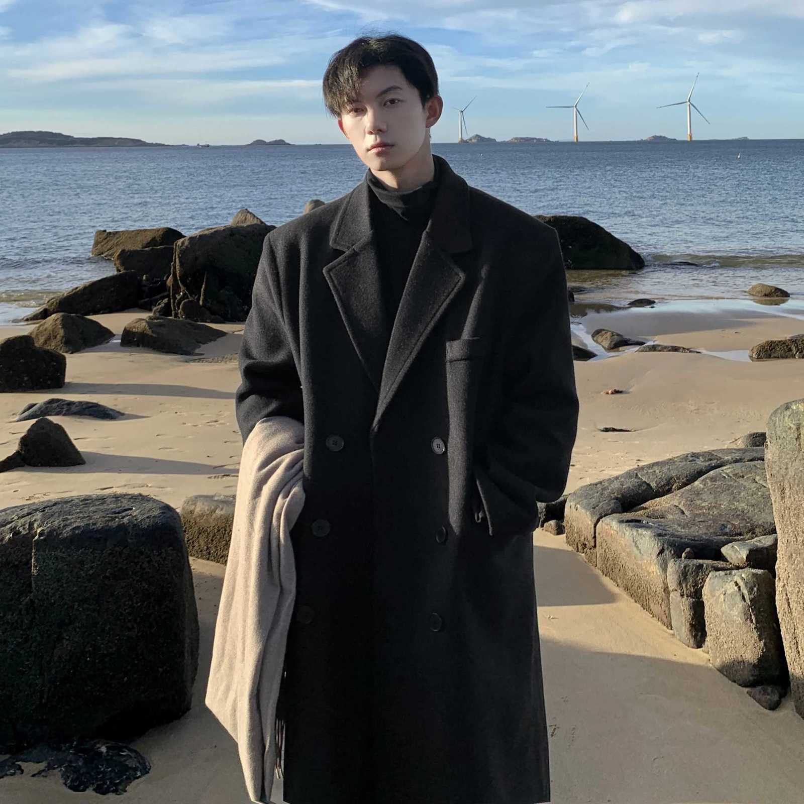 Wool Blends Winter Long Men's Trenchcoat Men Korean-style Solid Double Breasted Woolen Coat Loose Casual Trench Outwear 2023 Solid Color Overco
