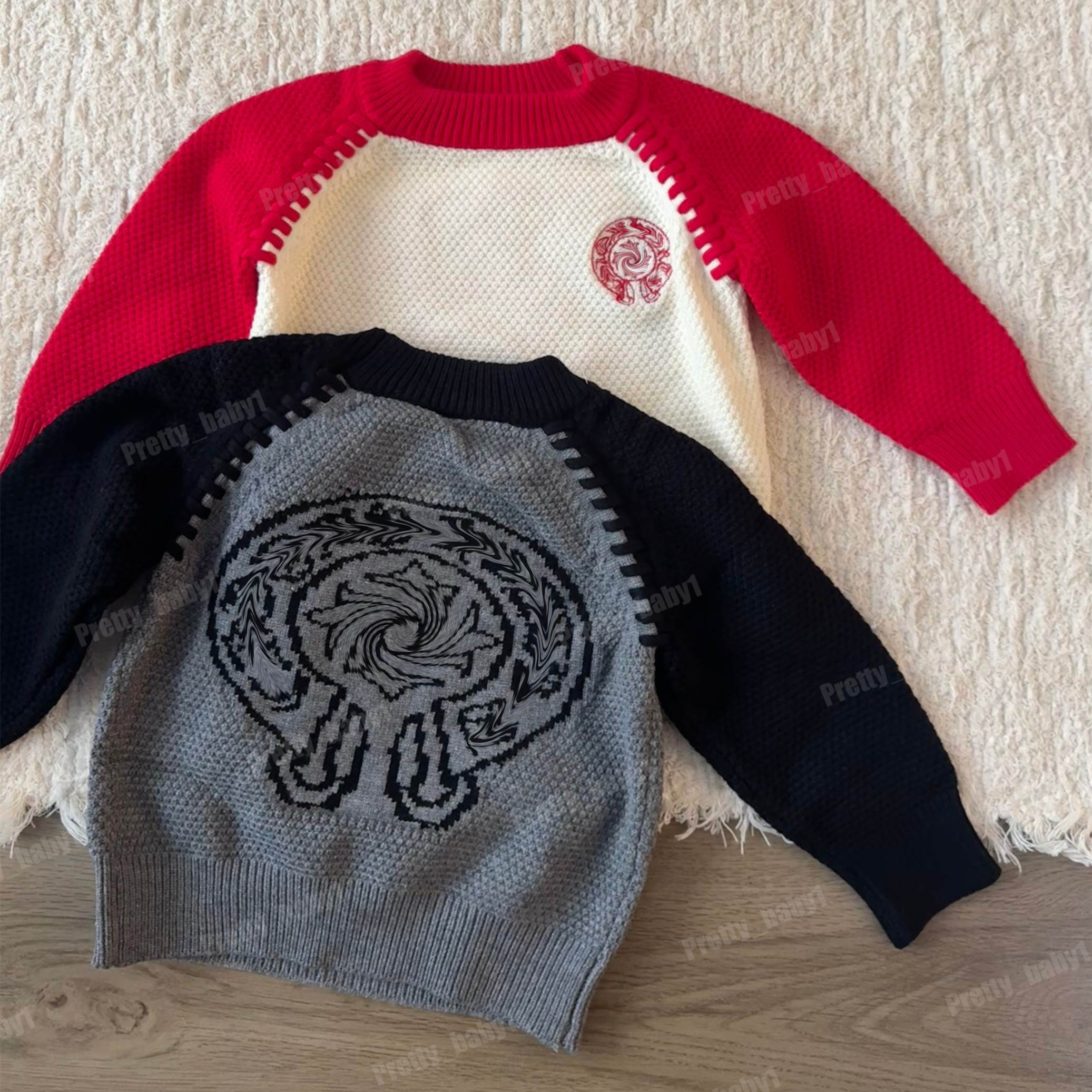Kids Designer Clothes Boys Knit Sweater, Girls Crew Neck Pullover, Retro Pattern Jacquard Knitted Jumper with Chest Embroidery,Fall Winter Warm Top