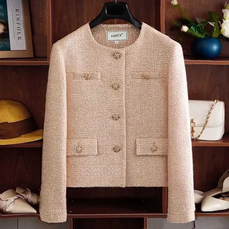 Short Women's Women's Jacket Jackets 2026 Spring Autumn Round Neck Temperament Tweed Lady Outerwear Fashion Long Sleeve Ladies Leisure Coa