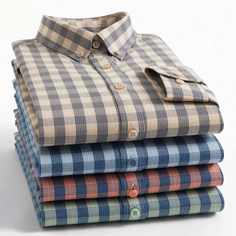 New Shirts Men's Quality Casual Pure Cotton Men's Plaid Shirts Long Sleeve Casual Striped Soft Regular Fit Formal Dress Shirt Social Male