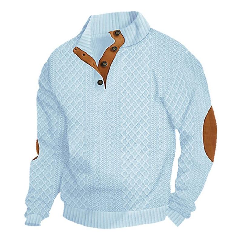 Pull à col montant de style Henley pour hommes, ouverture à demi-bouton sur le devant, construction à manches longues, patch de coude élégant, ha