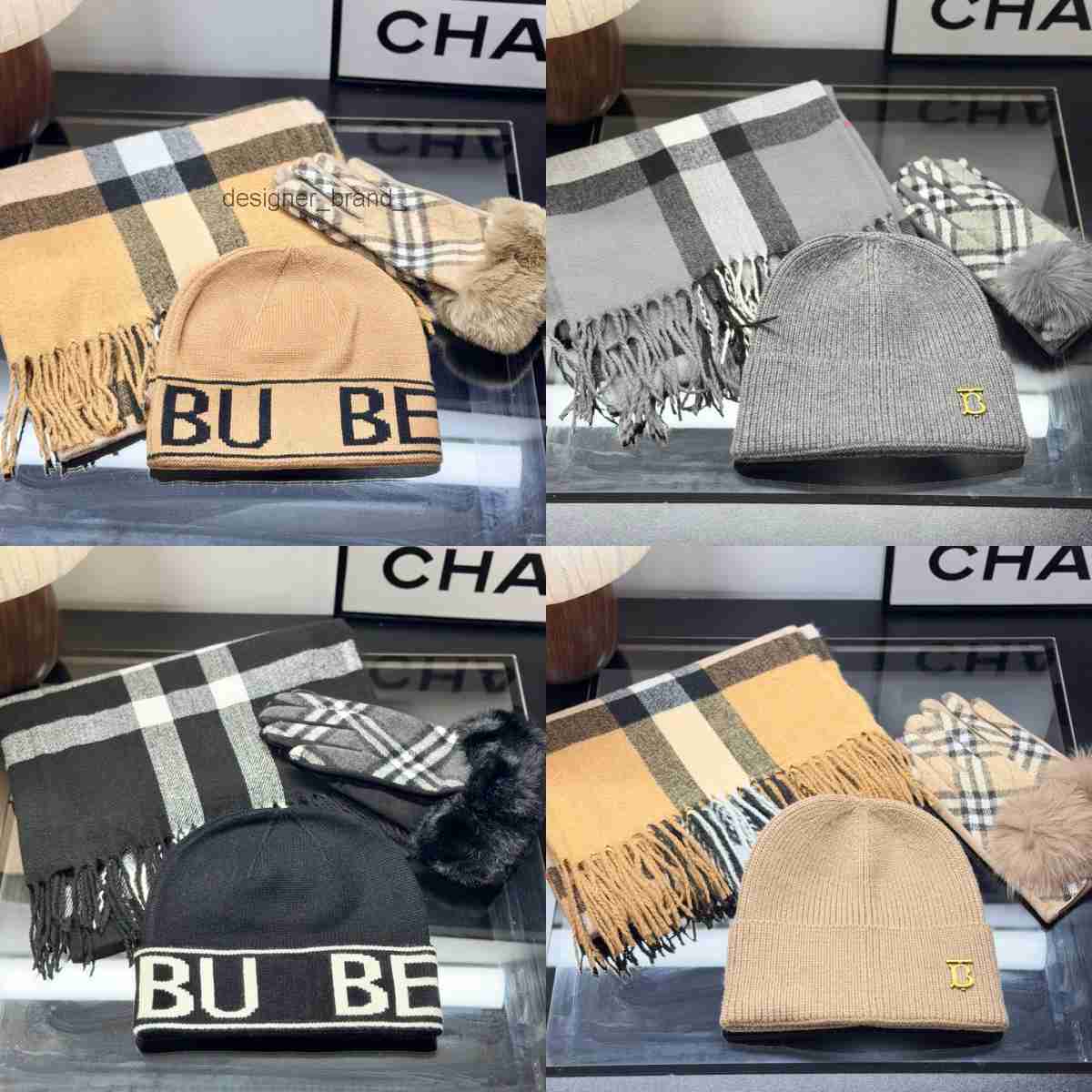 Women Winter Knit Beanie Hat Scarf Gloves 3 Pcs Set Classic Checkered Men Warm Knitted Hat Fashion Thermal Winter streetwear Couple Accessory Set