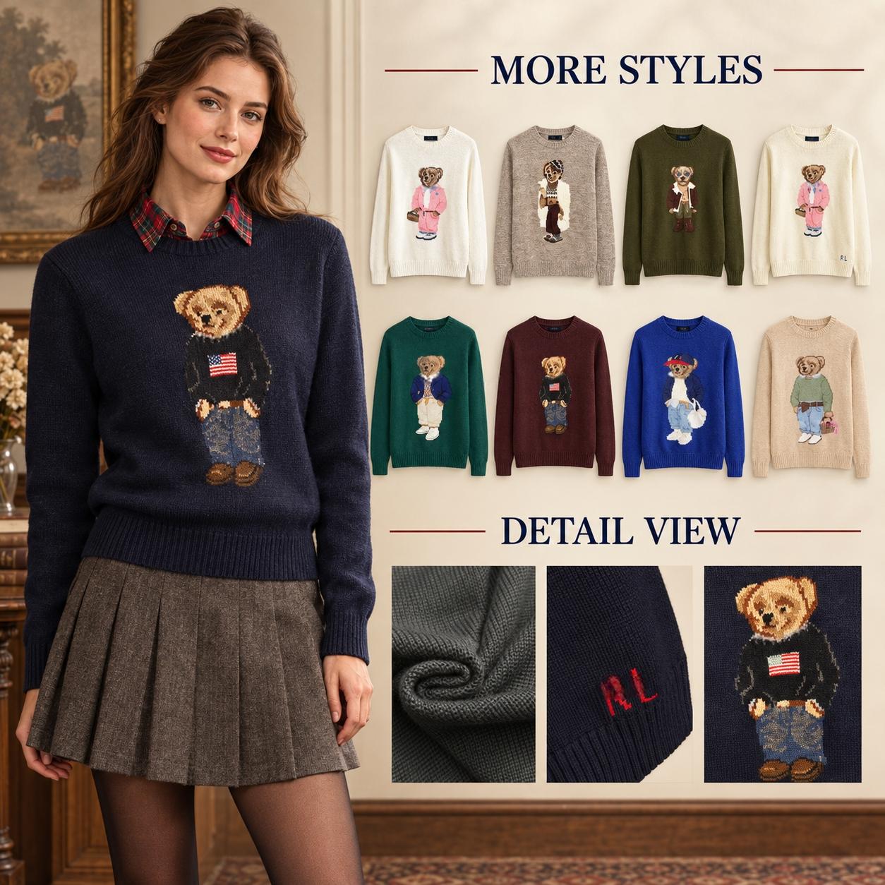 Womens Polobears Sweaters Knitted Crewneck Sweater Fashion Embroidered Sweater Womens Casual Loose Fit Pullover Sweater Fall Winter Basic Classic