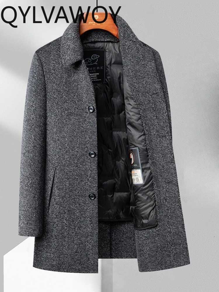 QYLVAWOY Blends 67% Middle Aged Men's Winter Mid Length Thickened Lapel Woolen Coat Down Liner Wool Outerwear LJ2171 D260921 b9