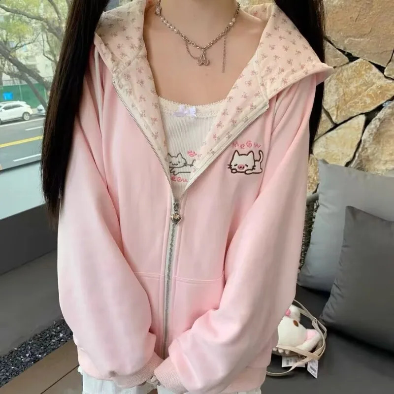 Harajuku Korean Kawaii Hooded Coat Women Thin Long Sleeve Zipper Cardigan Y2K Streetwear Mid-length Loose Jackets 260918