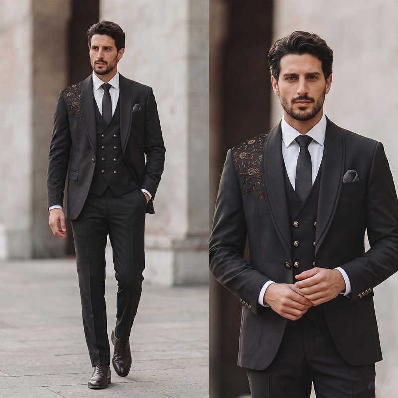 Elegant Men's Suit 3 Pcs Satin Draped Lapel Crystal Studded Jacket Loose Pants Premium Attire For Luxury Wedding Fashion Show Customized