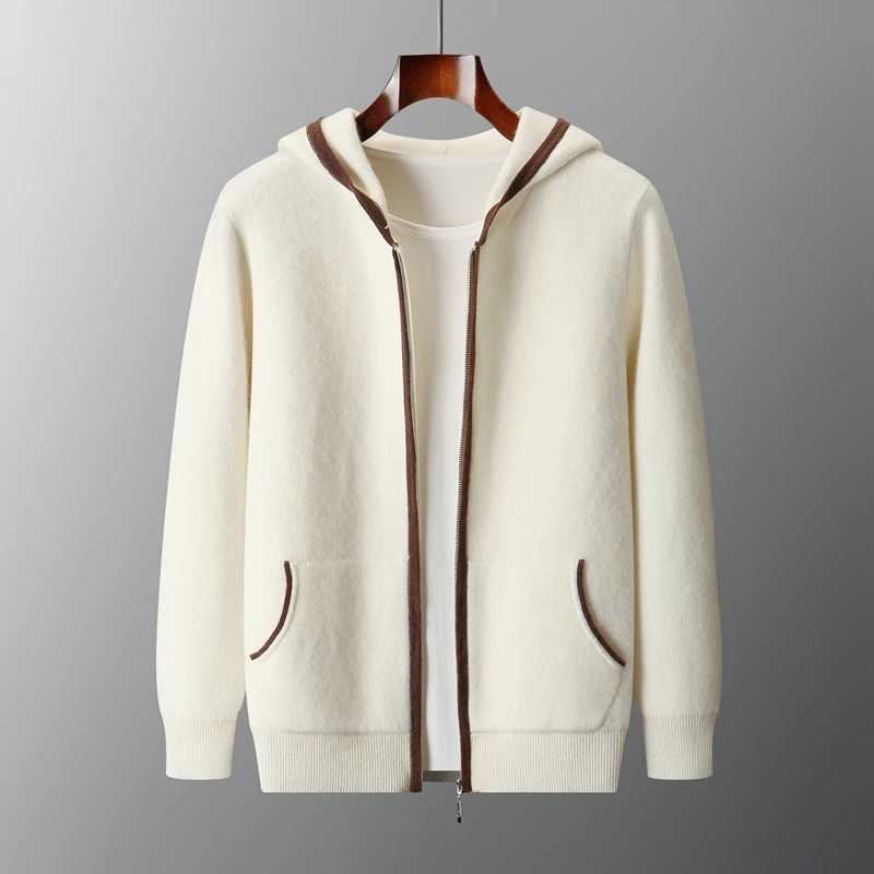 New Men 100% Cashmere Hooded Sweatercoat Autumn Winter Color Block Cardigan Casual Smart Coat Luxury Knitwear Zipper Tops Hoodie Q260921