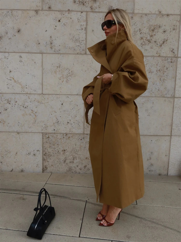 Lady Oversized Long Trench Women Coat Stand Collar Single Breasted Loose Wide Sleeve Casual Coats Autumn Winter Chic Jackets 260920