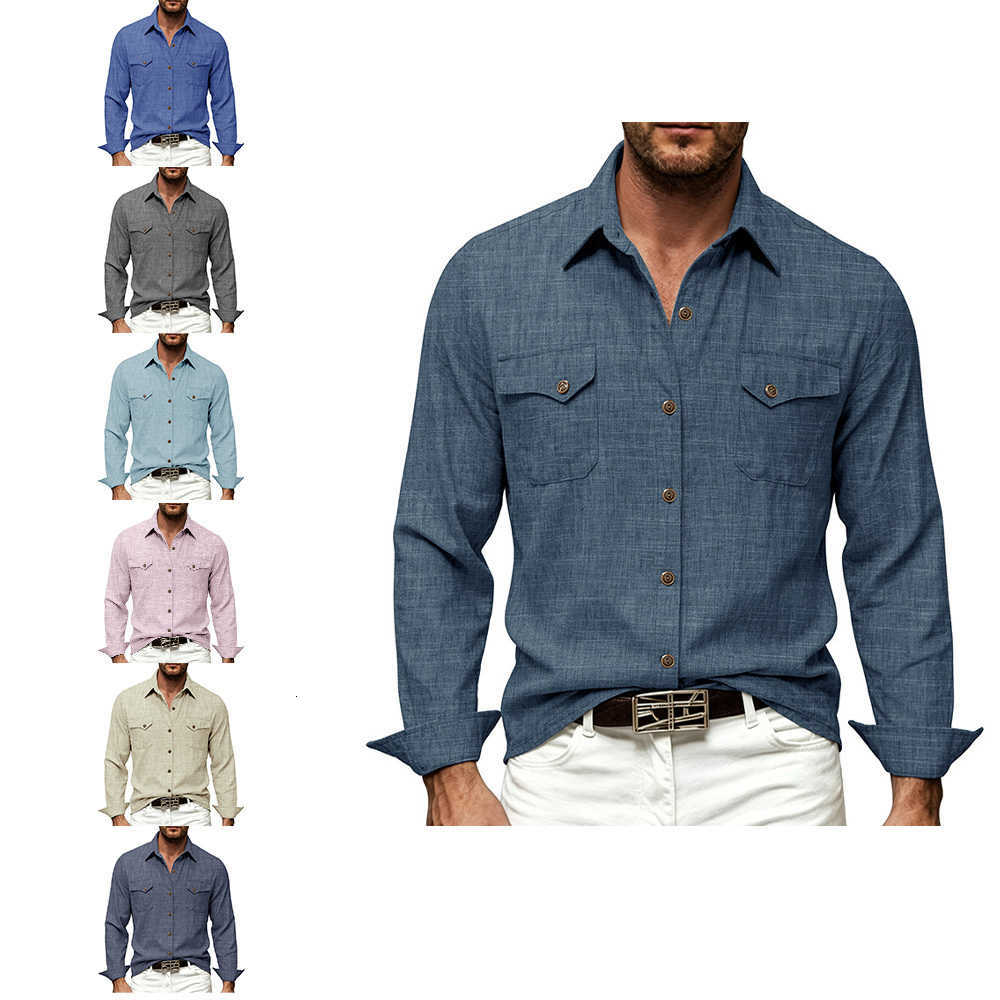 Casual Shirts Double-Pocket Long-Sleeved Men's Button-Up Shirt for Men Pure Color Casual Style with Two Pockets and Single Button Fastening H26