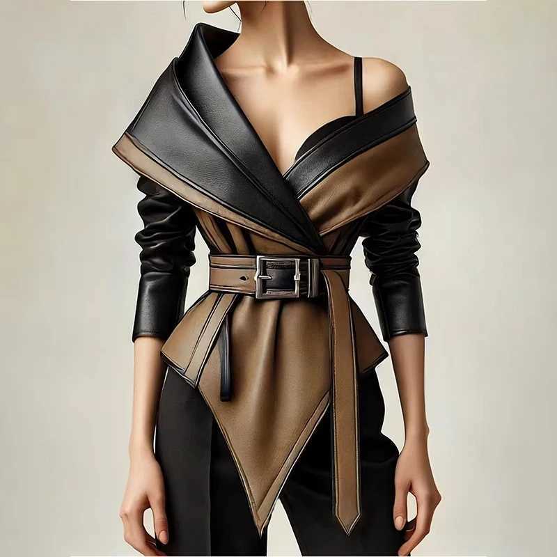 Women's Jackets PU Faux Leather Jacket for Women's One Shoulder Splice Irregular Hem Long Sleeve Leather Coat Casual Vintage Y2K Outerwear