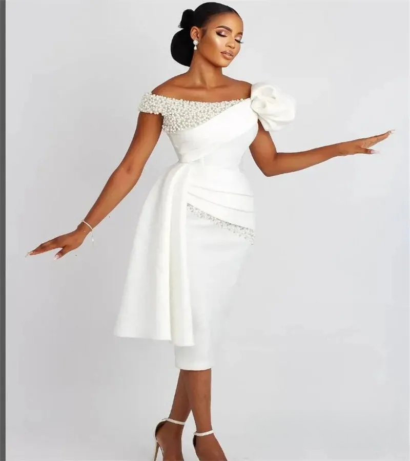 White Aso Ebi Short Wedding Dresses For Country Garden Brides Dress With Pearls Embellished Sheath Tea Length Boho Bridal Gowns 921