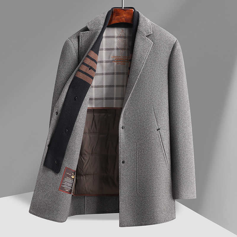 soprabito di lana da uomo in misto lana double face con fodera interna staccabile e sciarpa in piumino, cappotto di media lunghezza per l'inverno 20