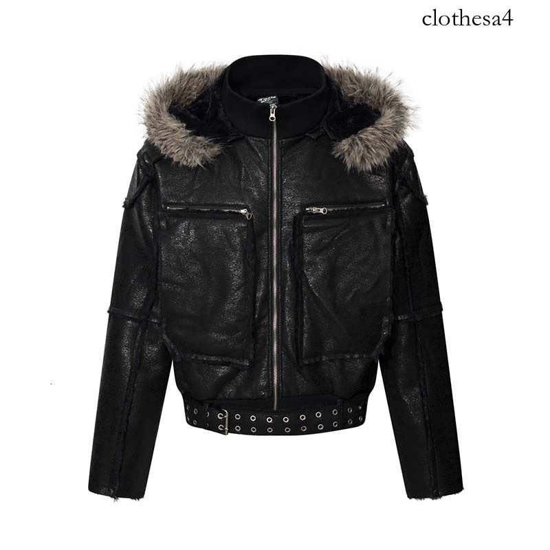 2026 winter new collection: American streetwear-style, dark aesthetic, thickened faux fur-lined PU leather hooded jacket for men, trendy cotton coat